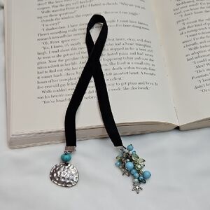 Handmade Black Velvet Ribbon Beaded Bookmark Turquoise Silver Beads DIY Upcycled